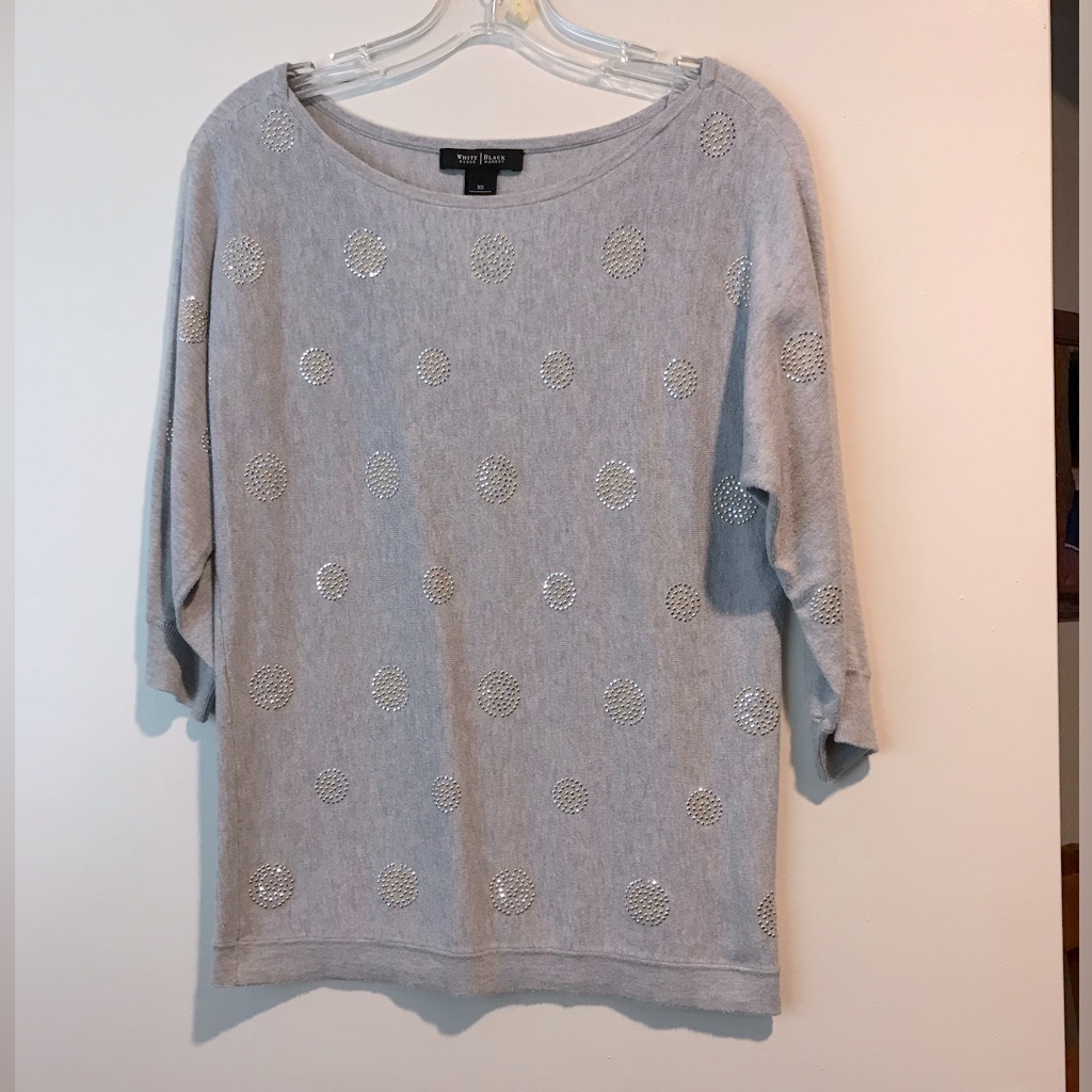 White House Black Market Light Gray Embellished Polka Dot Sweater Xs